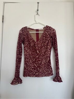 Women's Burgundy Lace Long-Sleeve V-Neck Top